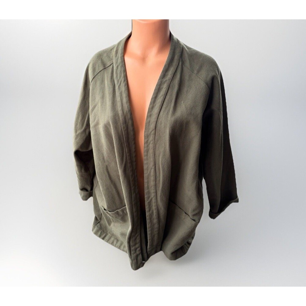 Labo.Art Italy Green Cotton Cardigan Jacket Open Front Pockets Lagenlook Size M